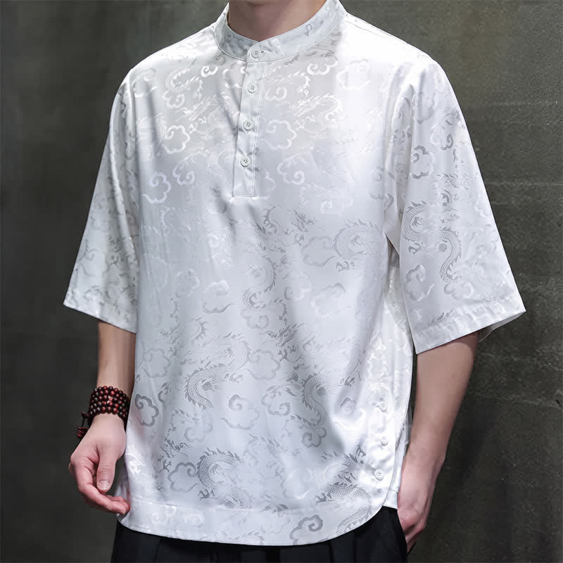 Nimara Ritual Summer Vintage Tang Style Mandarin Collar Dragon Clouds Pattern Men's Short Sleeve Shirts