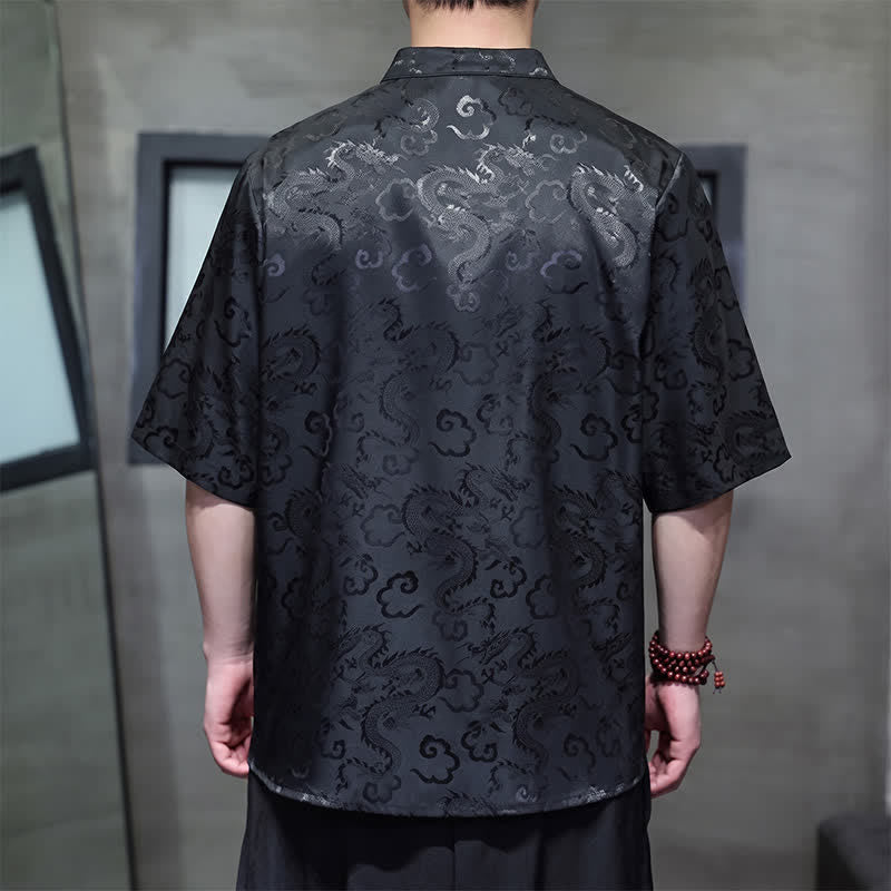 Nimara Ritual Summer Vintage Tang Style Mandarin Collar Dragon Clouds Pattern Men's Short Sleeve Shirts