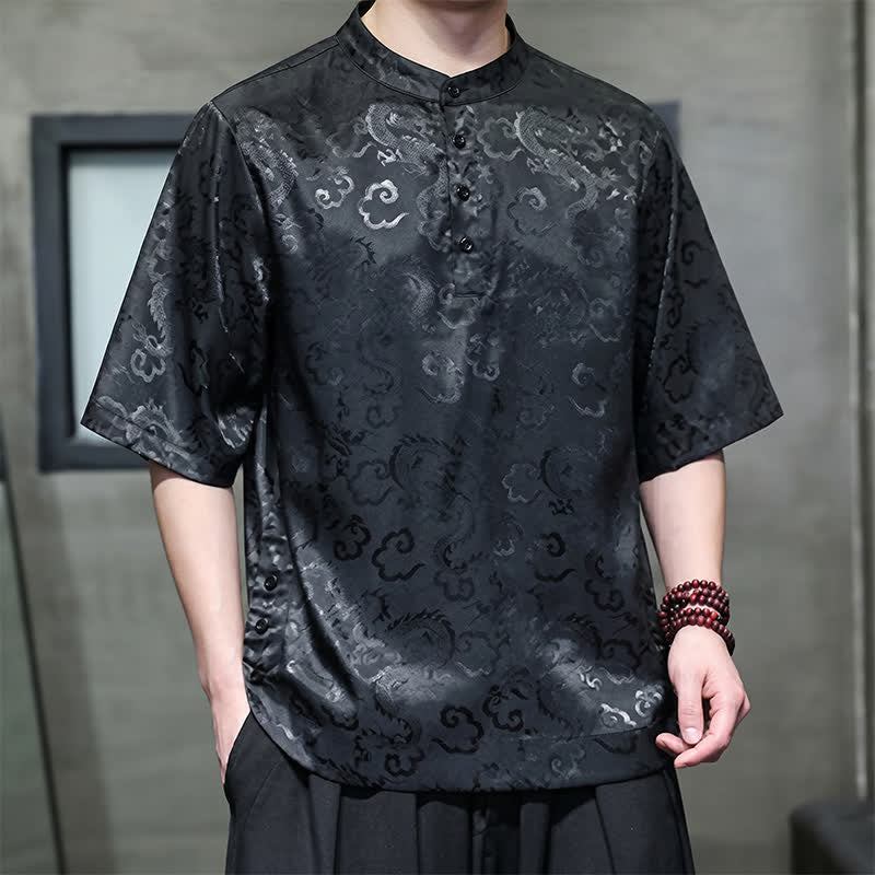 Nimara Ritual Summer Vintage Tang Style Mandarin Collar Dragon Clouds Pattern Men's Short Sleeve Shirts