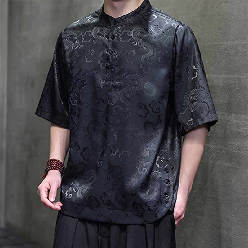 Nimara Ritual Summer Vintage Tang Style Mandarin Collar Dragon Clouds Pattern Men's Short Sleeve Shirts