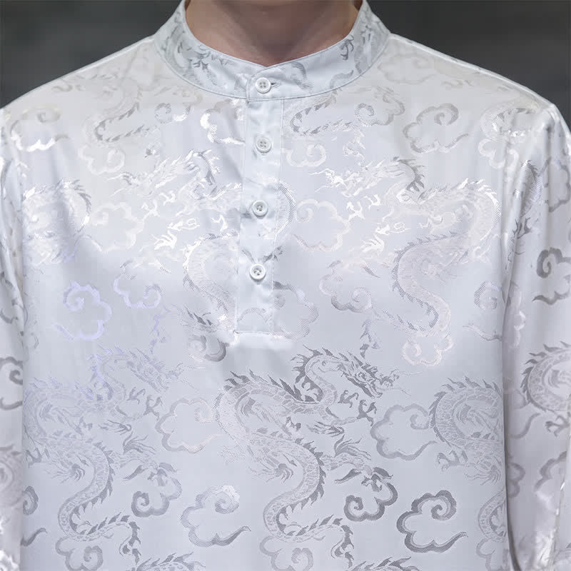 Nimara Ritual Summer Vintage Tang Style Mandarin Collar Dragon Clouds Pattern Men's Short Sleeve Shirts