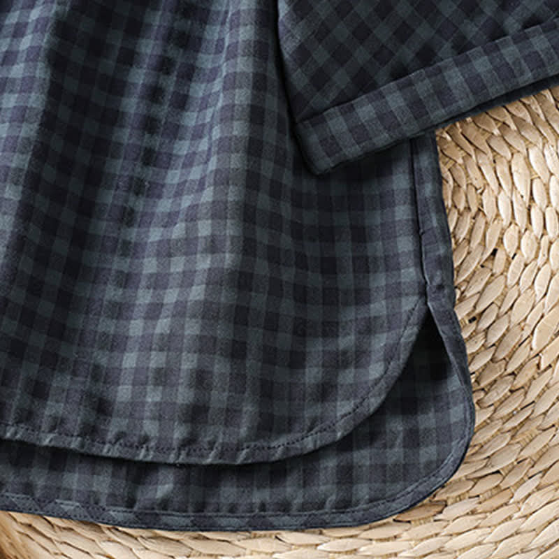 Nimara Ritual Spring Summer Casual Tang Style Mandarin Collar Black Plaid Women's Elbow-Length Shirts