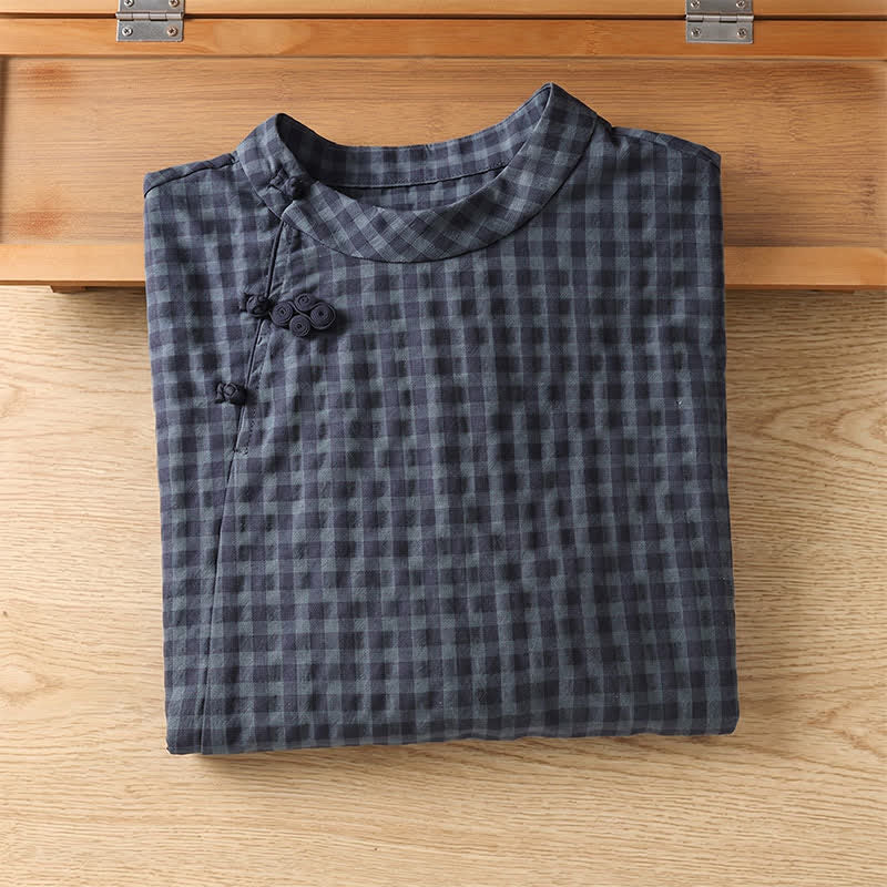 Nimara Ritual Spring Summer Casual Tang Style Mandarin Collar Black Plaid Women's Elbow-Length Shirts