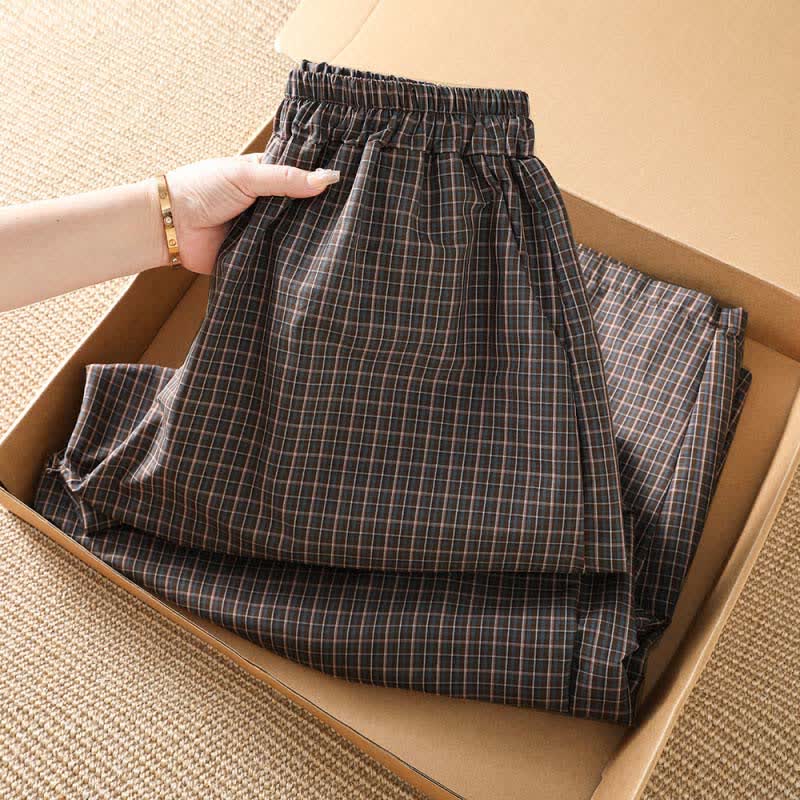 Nimara Ritual Spring Summer Casual Brown Plaid Cropped Pants Women's Wide Leg Pants With Pockets
