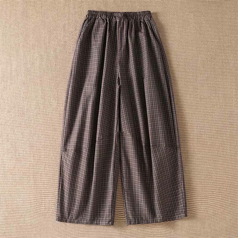 Nimara Ritual Spring Summer Casual Brown Plaid Cropped Pants Women's Wide Leg Pants With Pockets