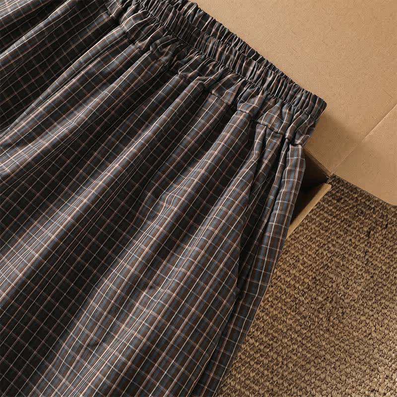Nimara Ritual Spring Summer Casual Brown Plaid Cropped Pants Women's Wide Leg Pants With Pockets