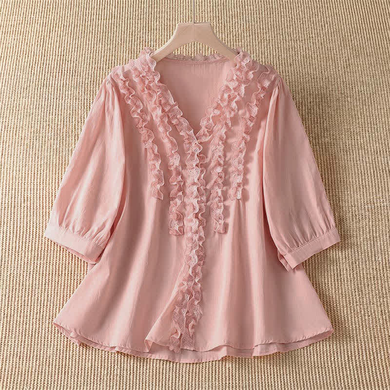 Nimara Ritual Summer Casual Elegant Solid V-Neck Layered Ruffle Women's Three-Quarter Sleeve Shirts
