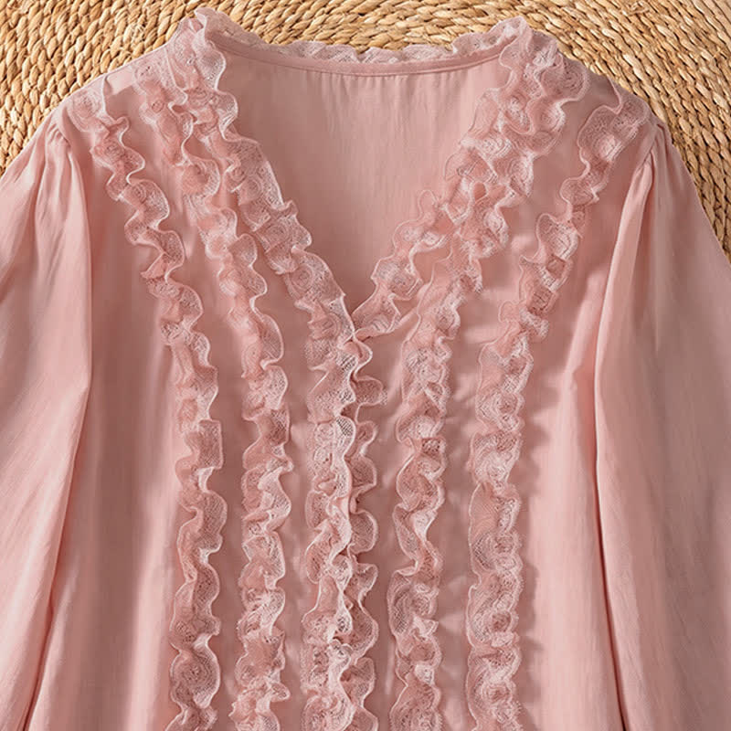 Nimara Ritual Summer Casual Elegant Solid V-Neck Layered Ruffle Women's Three-Quarter Sleeve Shirts