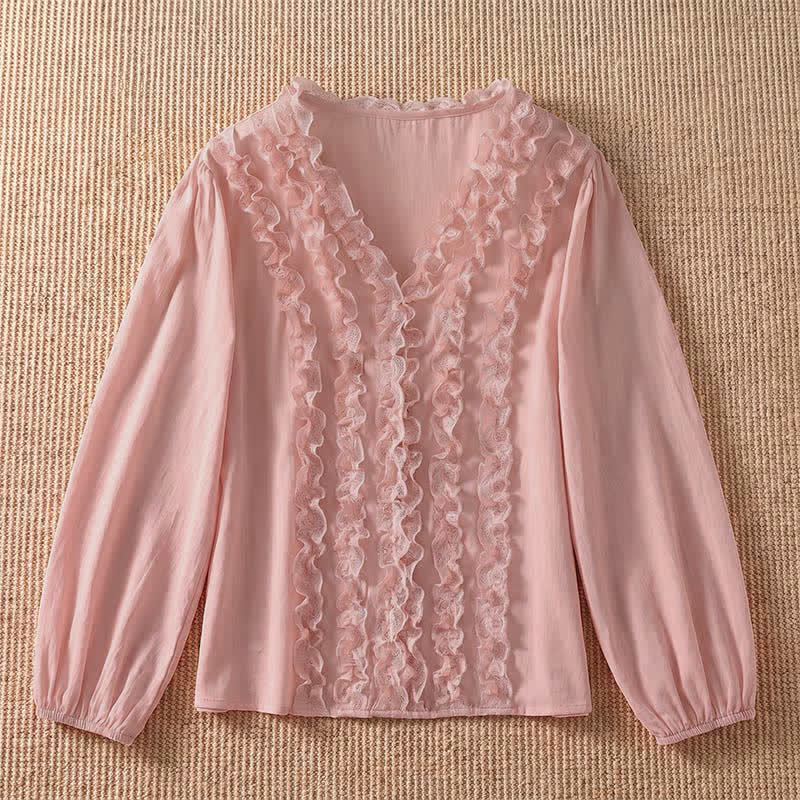 Nimara Ritual Summer Casual Elegant Solid V-Neck Layered Ruffle Women's Three-Quarter Sleeve Shirts