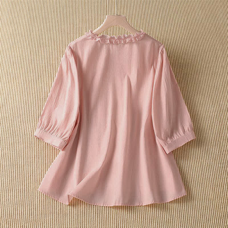 Nimara Ritual Summer Casual Elegant Solid V-Neck Layered Ruffle Women's Three-Quarter Sleeve Shirts