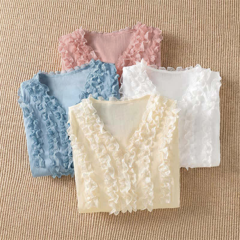 Nimara Ritual Summer Casual Elegant Solid V-Neck Layered Ruffle Women's Three-Quarter Sleeve Shirts