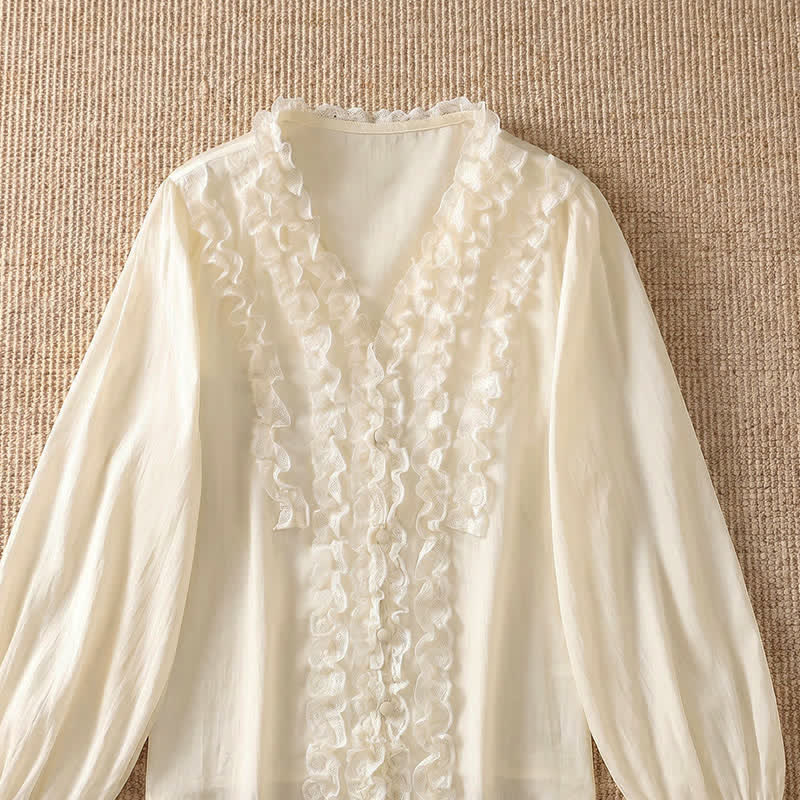 Nimara Ritual Summer Casual Elegant Solid V-Neck Layered Ruffle Women's Three-Quarter Sleeve Shirts