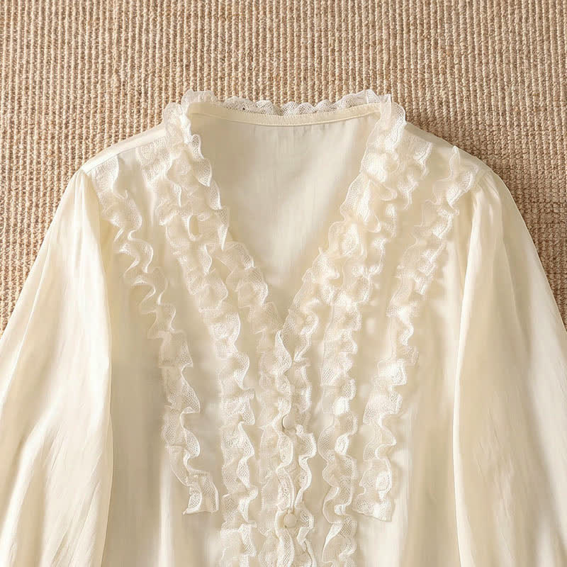 Nimara Ritual Summer Casual Elegant Solid V-Neck Layered Ruffle Women's Three-Quarter Sleeve Shirts