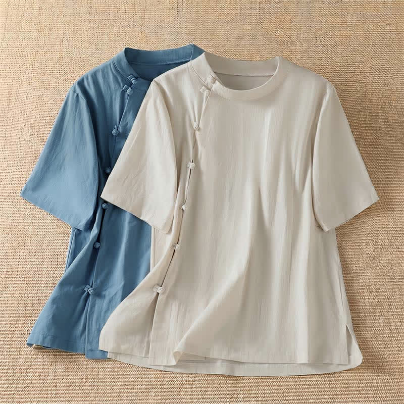 Nimara Ritual Summer Casual Tang Style Frog Button Crew Neck Solid Women's Short Sleeve Shirts