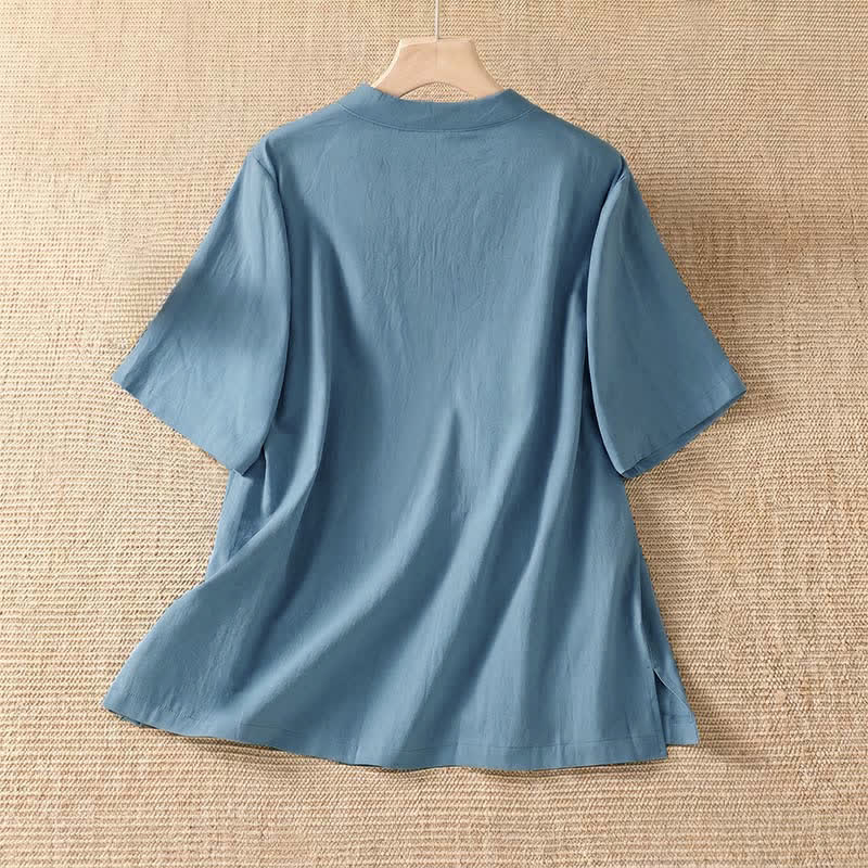 Nimara Ritual Summer Casual Tang Style Frog Button Crew Neck Solid Women's Short Sleeve Shirts