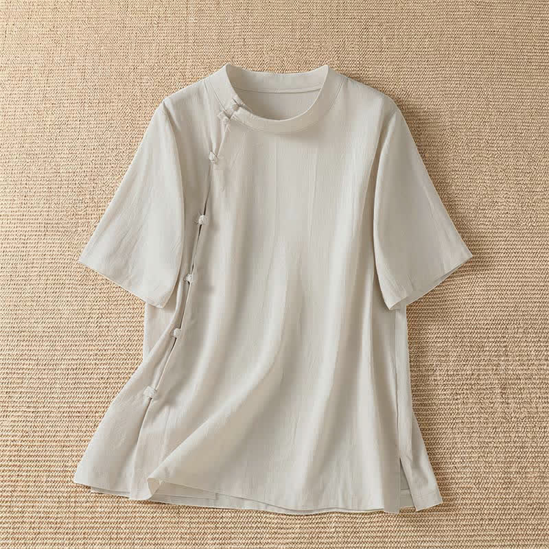 Nimara Ritual Summer Casual Tang Style Frog Button Crew Neck Solid Women's Short Sleeve Shirts