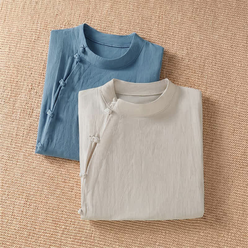 Nimara Ritual Summer Casual Tang Style Frog Button Crew Neck Solid Women's Short Sleeve Shirts