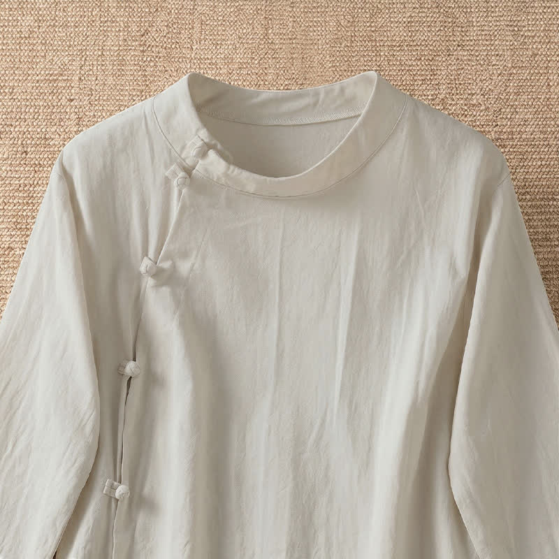 Nimara Ritual Summer Casual Tang Style Frog Button Crew Neck Solid Women's Short Sleeve Shirts