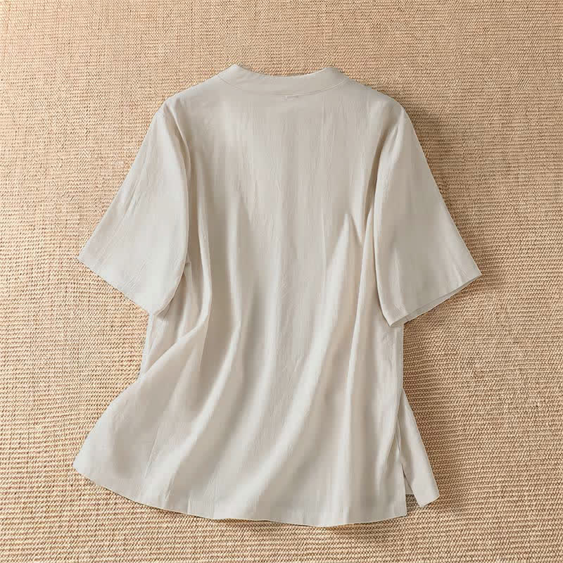 Nimara Ritual Summer Casual Tang Style Frog Button Crew Neck Solid Women's Short Sleeve Shirts