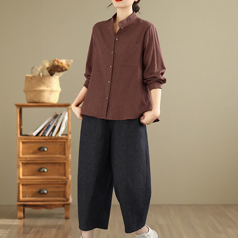 Nimara Ritual Summer Casual Tang Style Mandarin Collar Striped Women's Long Sleeve Shirts With Patch Pocket