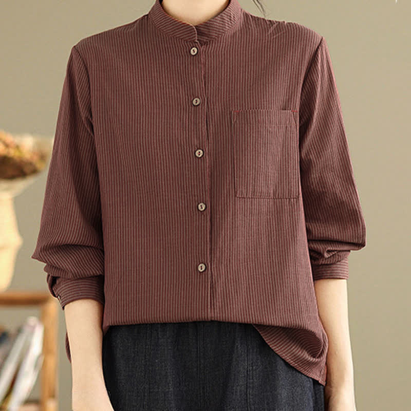 Nimara Ritual Summer Casual Tang Style Mandarin Collar Striped Women's Long Sleeve Shirts With Patch Pocket