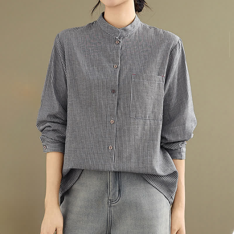 Nimara Ritual Summer Casual Tang Style Mandarin Collar Striped Women's Long Sleeve Shirts With Patch Pocket