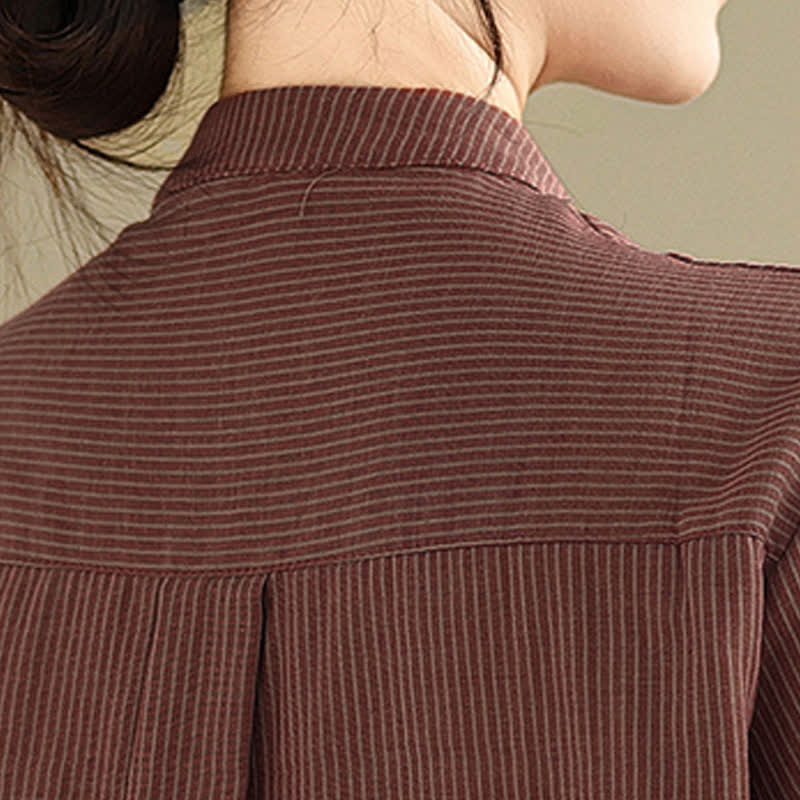 Nimara Ritual Summer Casual Tang Style Mandarin Collar Striped Women's Long Sleeve Shirts With Patch Pocket
