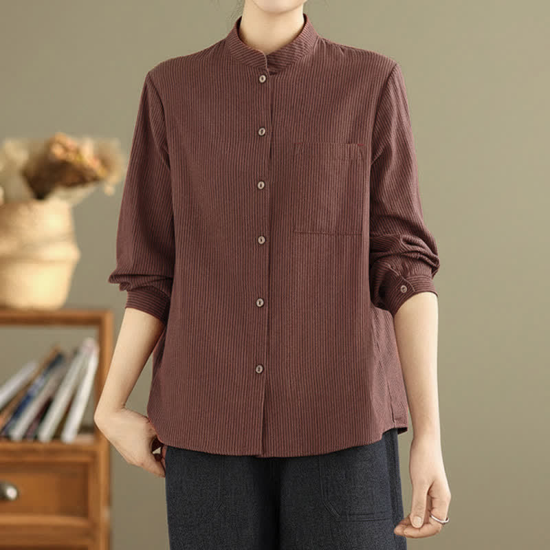 Nimara Ritual Summer Casual Tang Style Mandarin Collar Striped Women's Long Sleeve Shirts With Patch Pocket