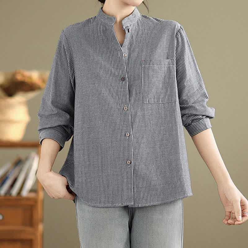 Nimara Ritual Summer Casual Tang Style Mandarin Collar Striped Women's Long Sleeve Shirts With Patch Pocket