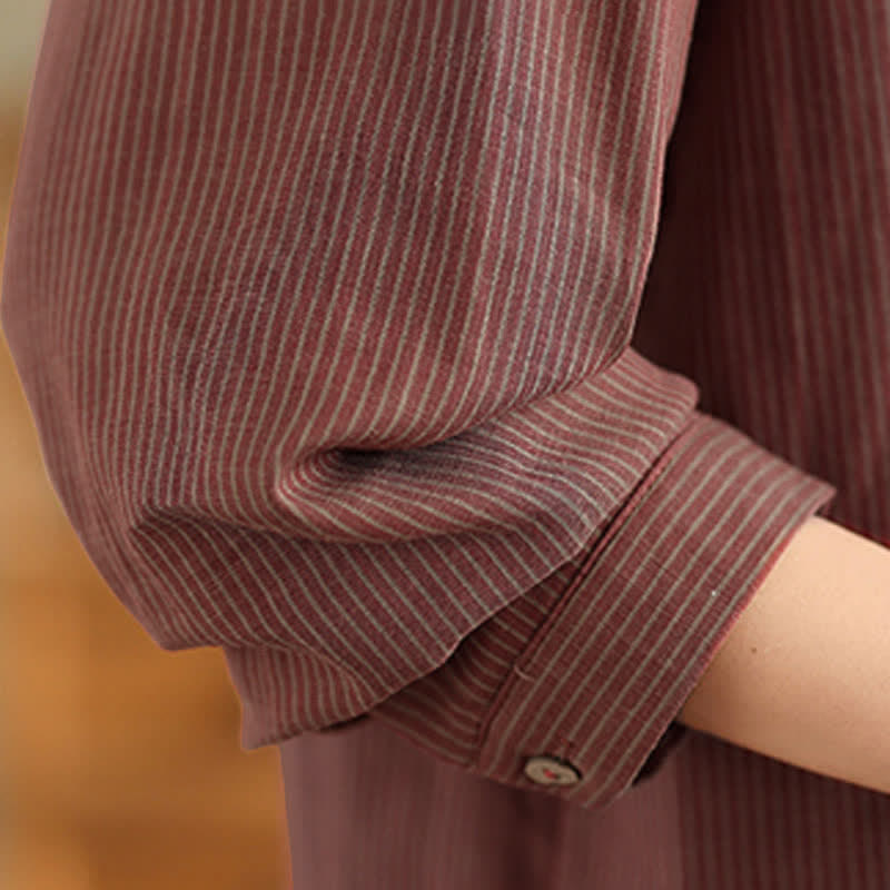 Nimara Ritual Summer Casual Tang Style Mandarin Collar Striped Women's Long Sleeve Shirts With Patch Pocket