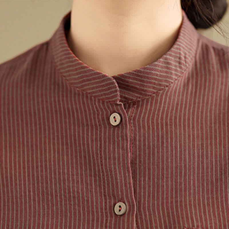 Nimara Ritual Summer Casual Tang Style Mandarin Collar Striped Women's Long Sleeve Shirts With Patch Pocket