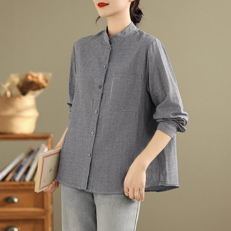 Nimara Ritual Summer Casual Tang Style Mandarin Collar Striped Women's Long Sleeve Shirts With Patch Pocket