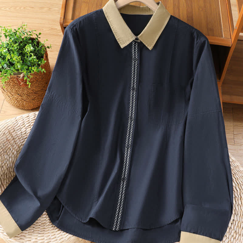 Nimara Ritual Summer Casual Minimalist Solid Contrast Trim Women's Long Sleeve Shirts With Patch Pocket