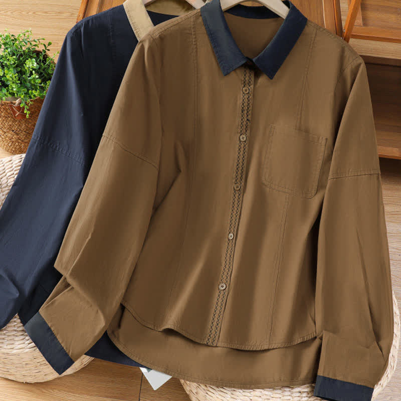 Nimara Ritual Summer Casual Minimalist Solid Contrast Trim Women's Long Sleeve Shirts With Patch Pocket