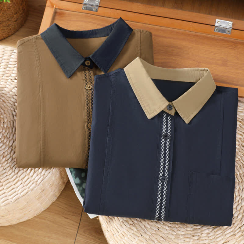 Nimara Ritual Summer Casual Minimalist Solid Contrast Trim Women's Long Sleeve Shirts With Patch Pocket
