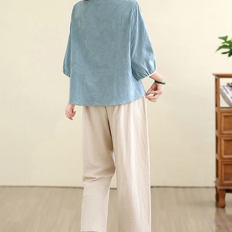 Nimara Ritual Summer Vintage Tang Style Embroidery Floral Women's Three-Quarter Sleeve Shirts
