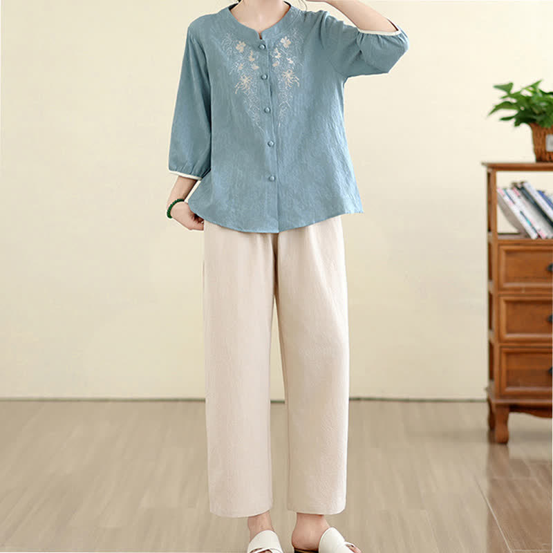 Nimara Ritual Summer Vintage Tang Style Embroidery Floral Women's Three-Quarter Sleeve Shirts