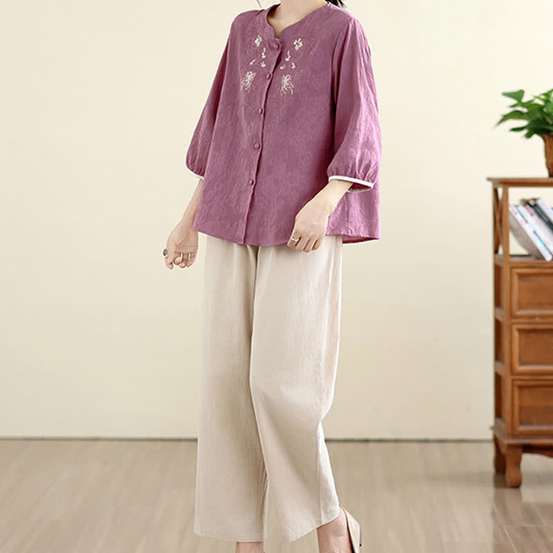 Nimara Ritual Summer Vintage Tang Style Embroidery Floral Women's Three-Quarter Sleeve Shirts