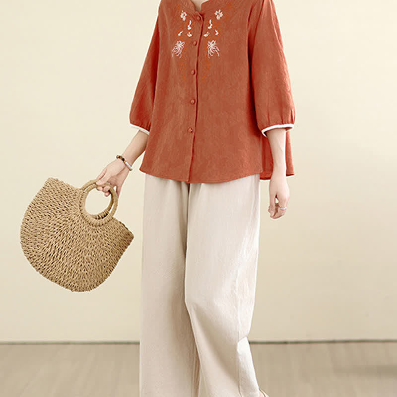 Nimara Ritual Summer Vintage Tang Style Embroidery Floral Women's Three-Quarter Sleeve Shirts