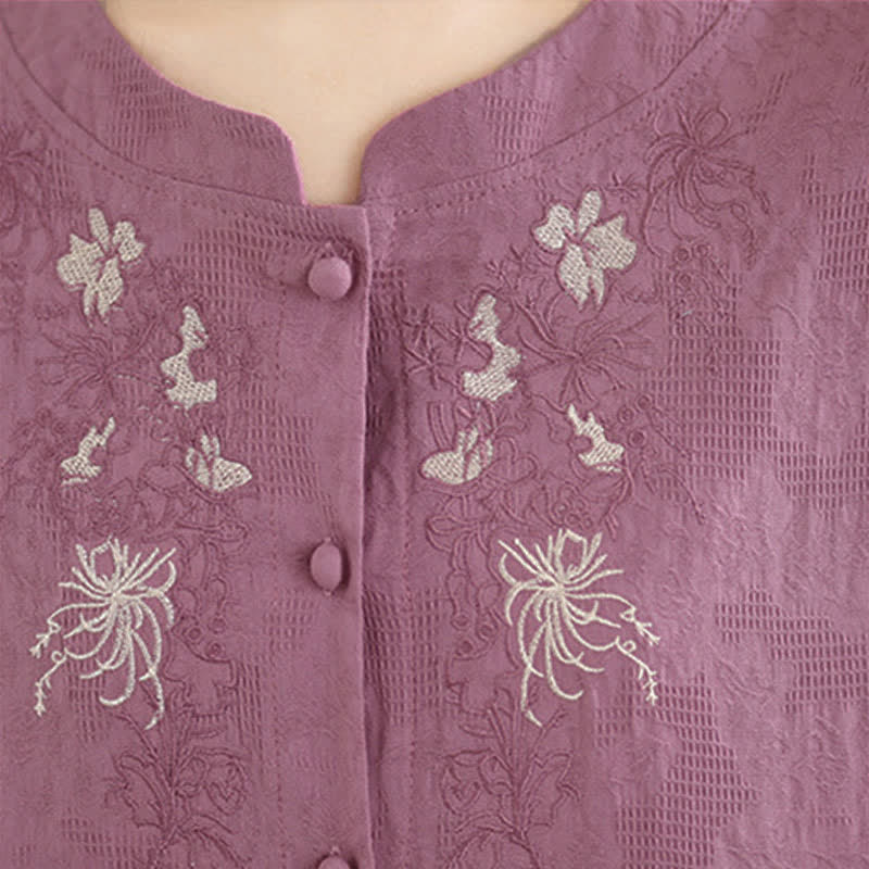 Nimara Ritual Summer Vintage Tang Style Embroidery Floral Women's Three-Quarter Sleeve Shirts