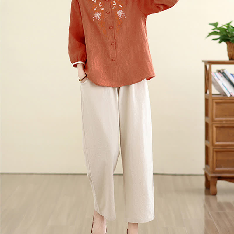 Nimara Ritual Summer Vintage Tang Style Embroidery Floral Women's Three-Quarter Sleeve Shirts