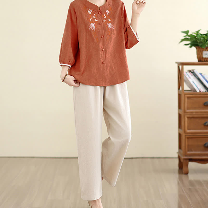 Nimara Ritual Summer Vintage Tang Style Embroidery Floral Women's Three-Quarter Sleeve Shirts