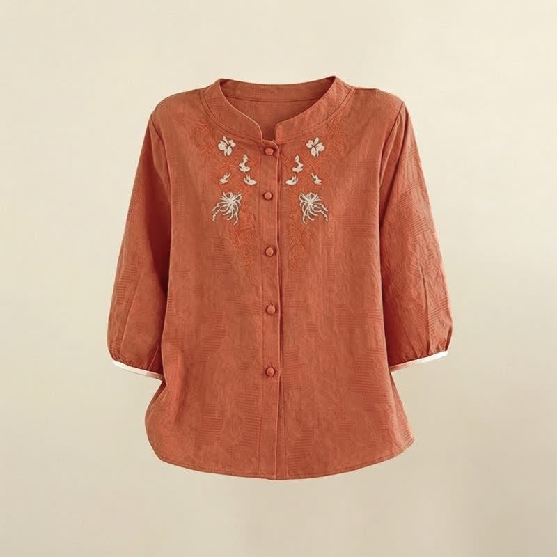 Nimara Ritual Summer Vintage Tang Style Embroidery Floral Women's Three-Quarter Sleeve Shirts