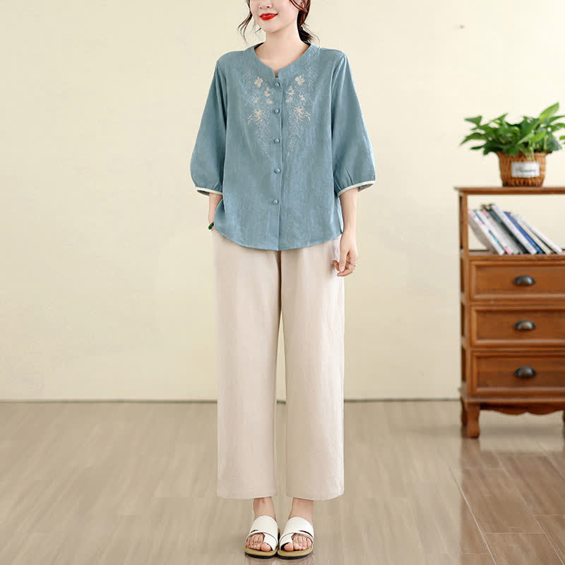 Nimara Ritual Summer Vintage Tang Style Embroidery Floral Women's Three-Quarter Sleeve Shirts