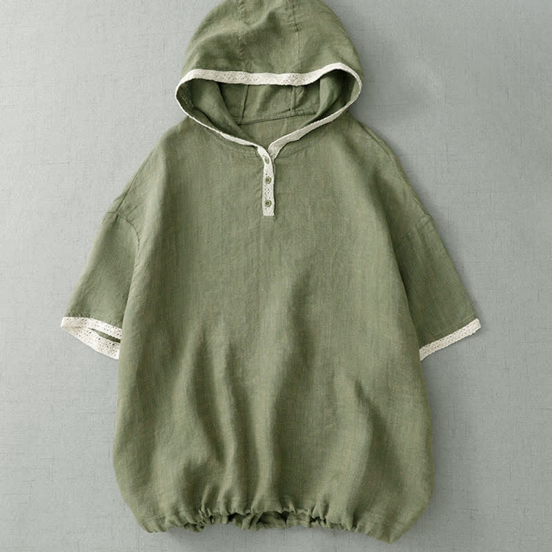 Nimara Ritual Summer Casual Boho Button-Up Solid Green Hooded Lace Trim Women's Short Sleeve Shirts