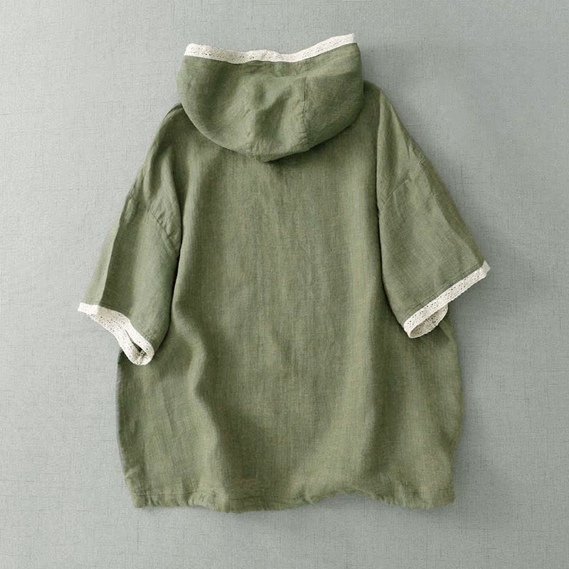Nimara Ritual Summer Casual Boho Button-Up Solid Green Hooded Lace Trim Women's Short Sleeve Shirts