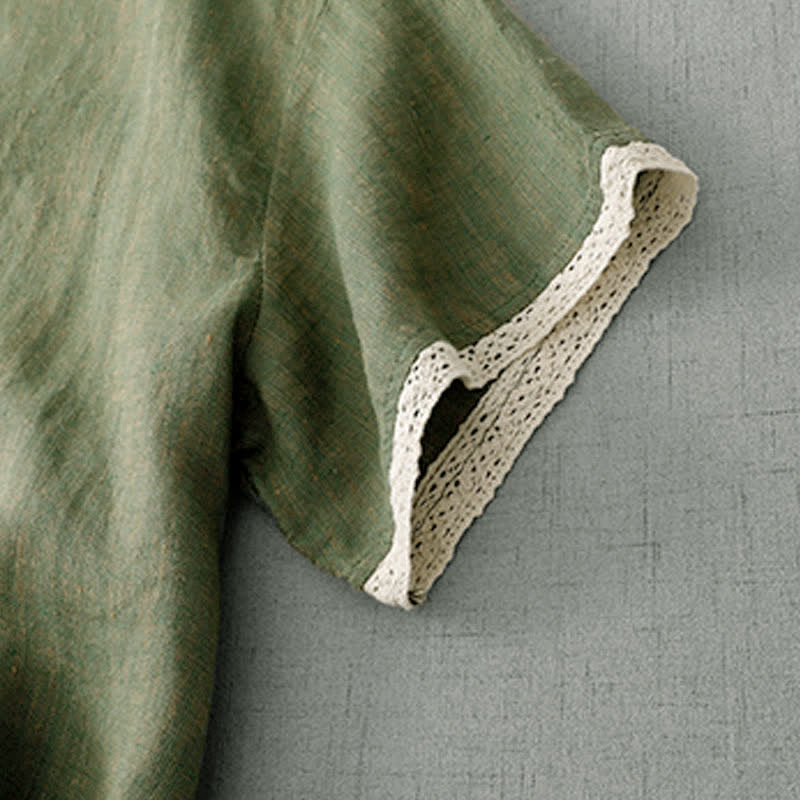Nimara Ritual Summer Casual Boho Button-Up Solid Green Hooded Lace Trim Women's Short Sleeve Shirts