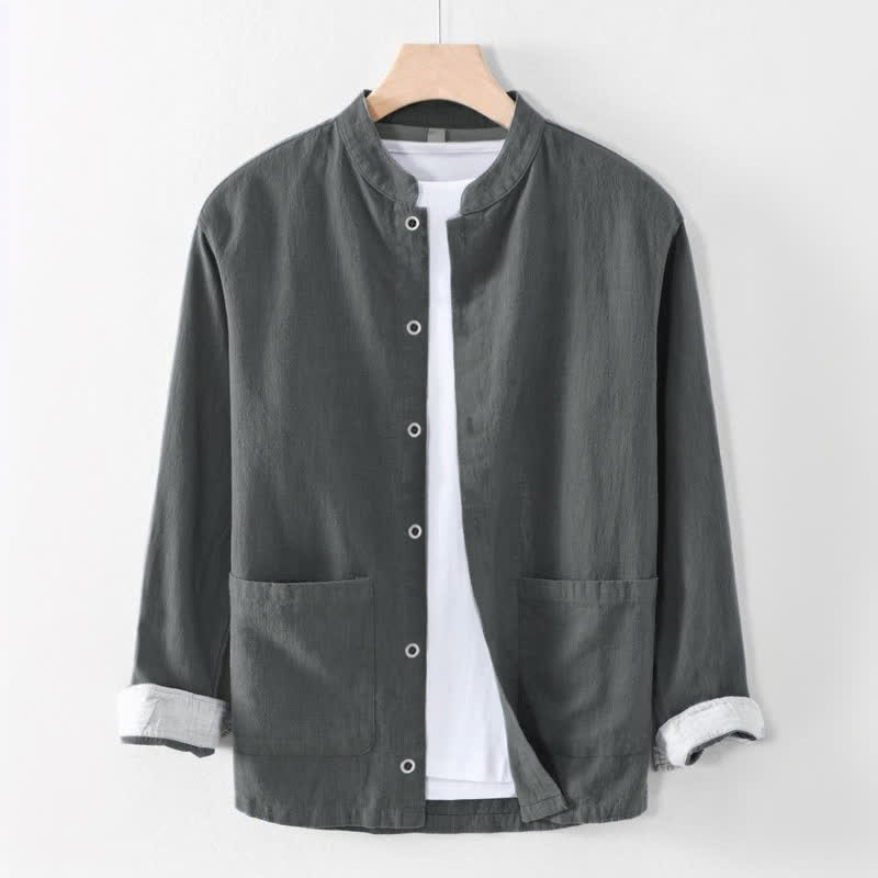 Nimara Ritual Spring Summer Casual Tang Style Mandarin Collar Solid Men's Long Sleeve Shirts With Pocket