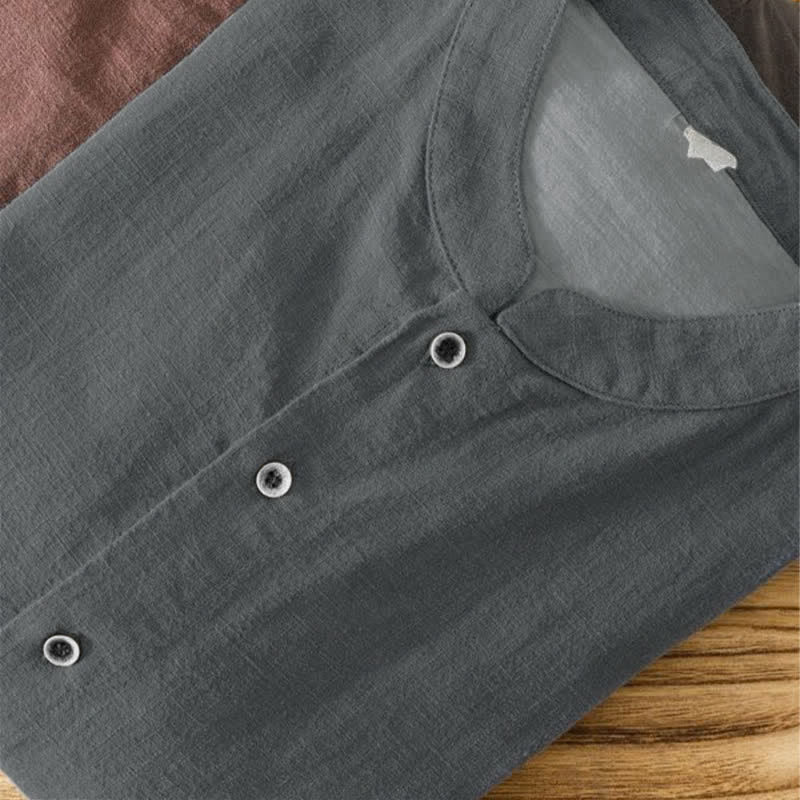 Nimara Ritual Spring Summer Casual Tang Style Mandarin Collar Solid Men's Long Sleeve Shirts With Pocket
