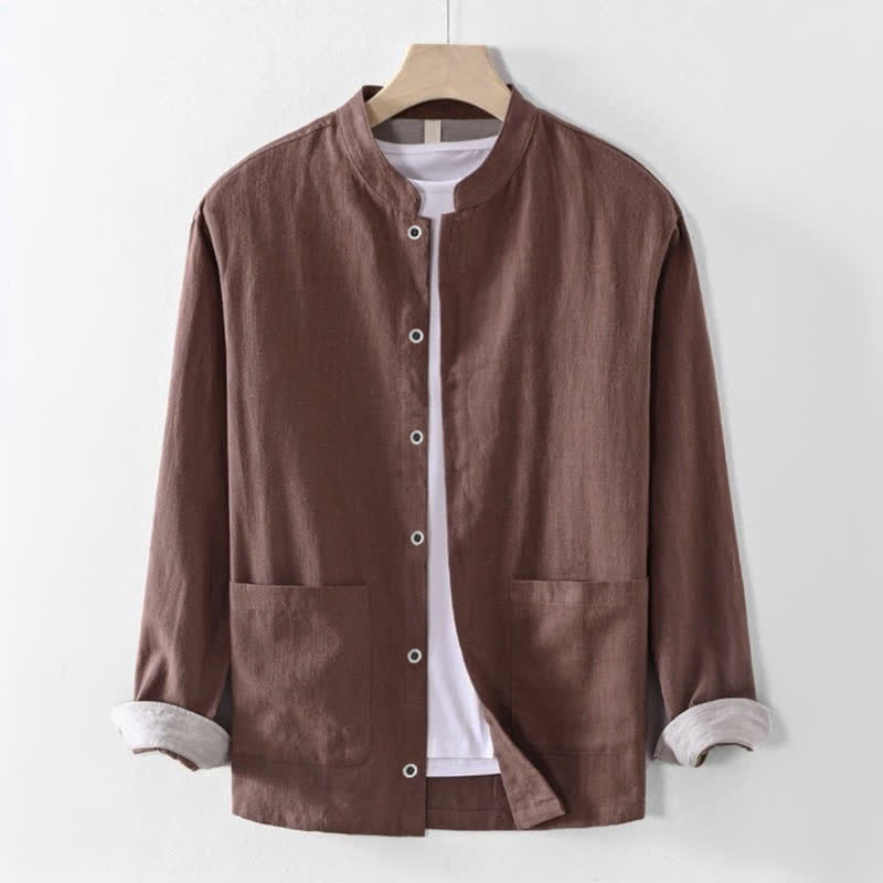 Nimara Ritual Spring Summer Casual Tang Style Mandarin Collar Solid Men's Long Sleeve Shirts With Pocket